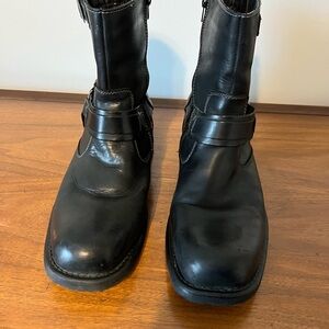 Men's Black Leather Bikers Ankle Boots - Classic Strap Detail - Size 12M
